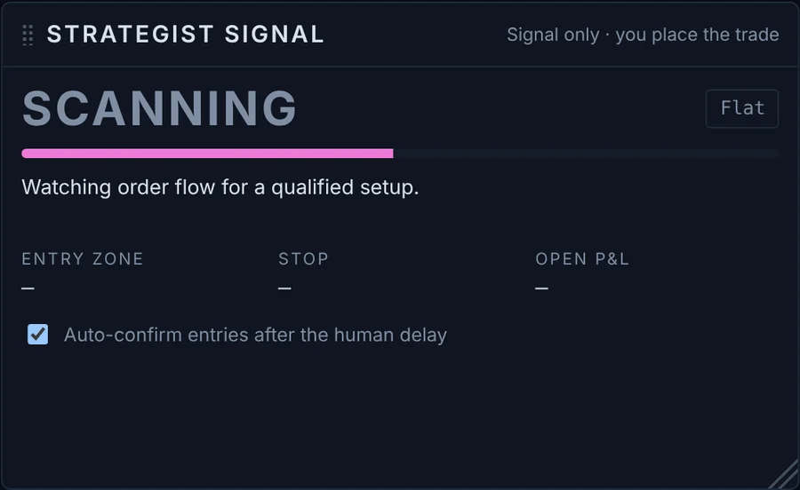 Strategist signal panel in scanning state with entry zone, stop and open P&L fields